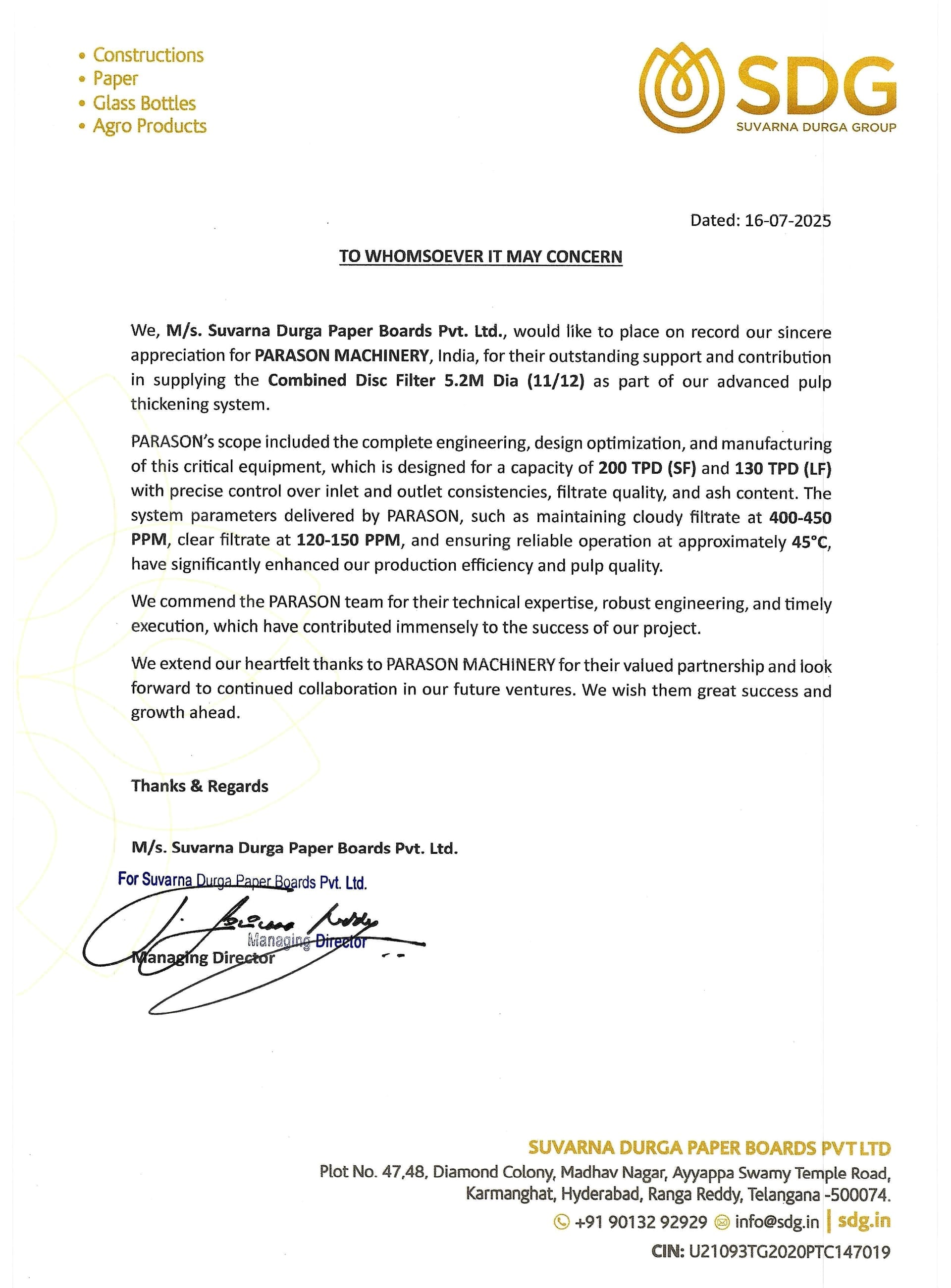 Suvarna Durga Paper appreciation letter